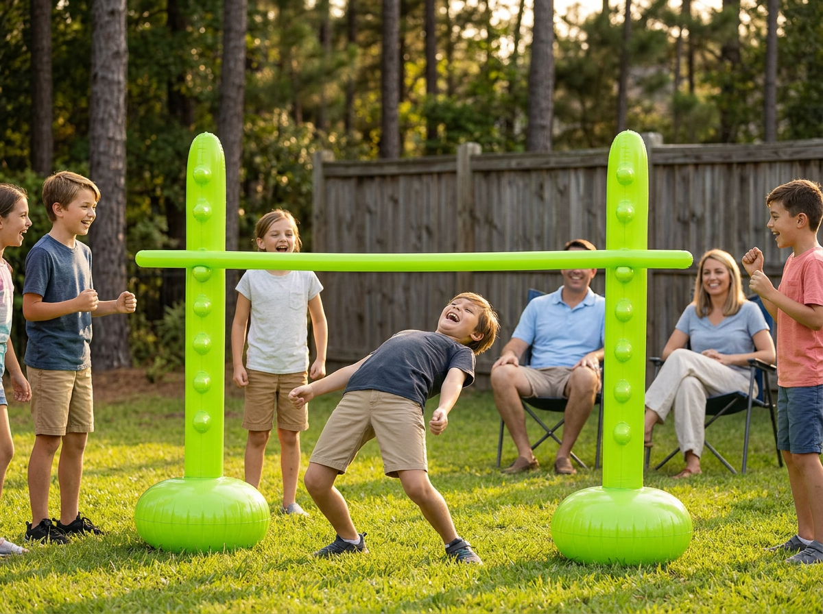 Kids taking turns under the lime green inflatable limbo bar in a backyard
