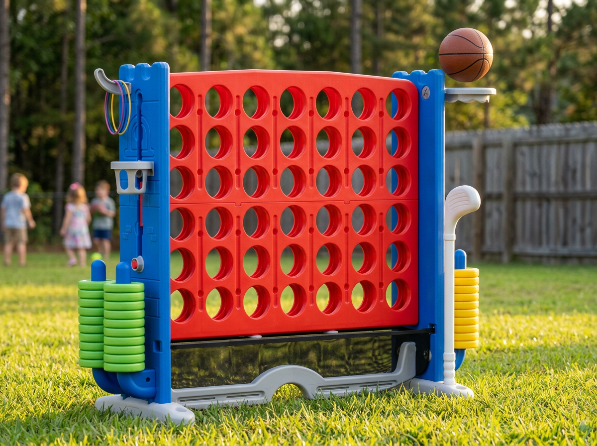 4-in-1 giant game station with drop four, ring toss, mini golf, and a basketball hoop set up on backyard grass