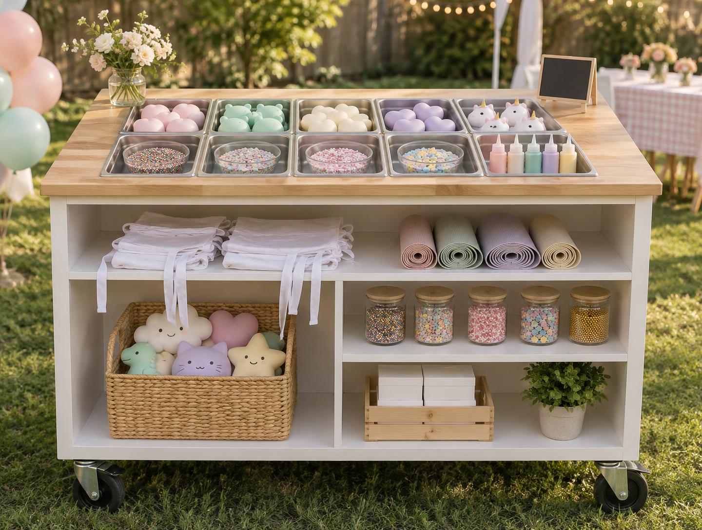 Squishy party cart with colorful shapes and mix-ins