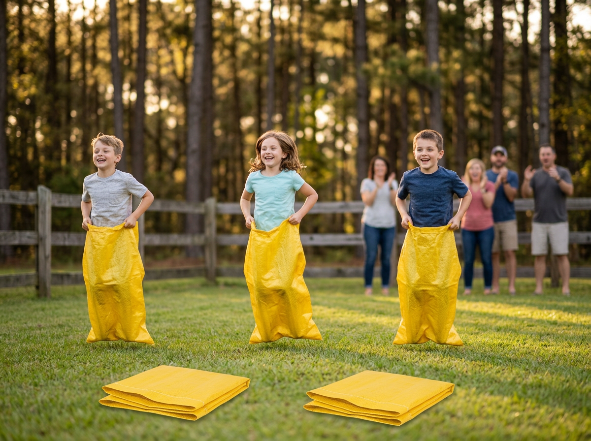Kids racing in yellow woven potato sacks at a backyard party