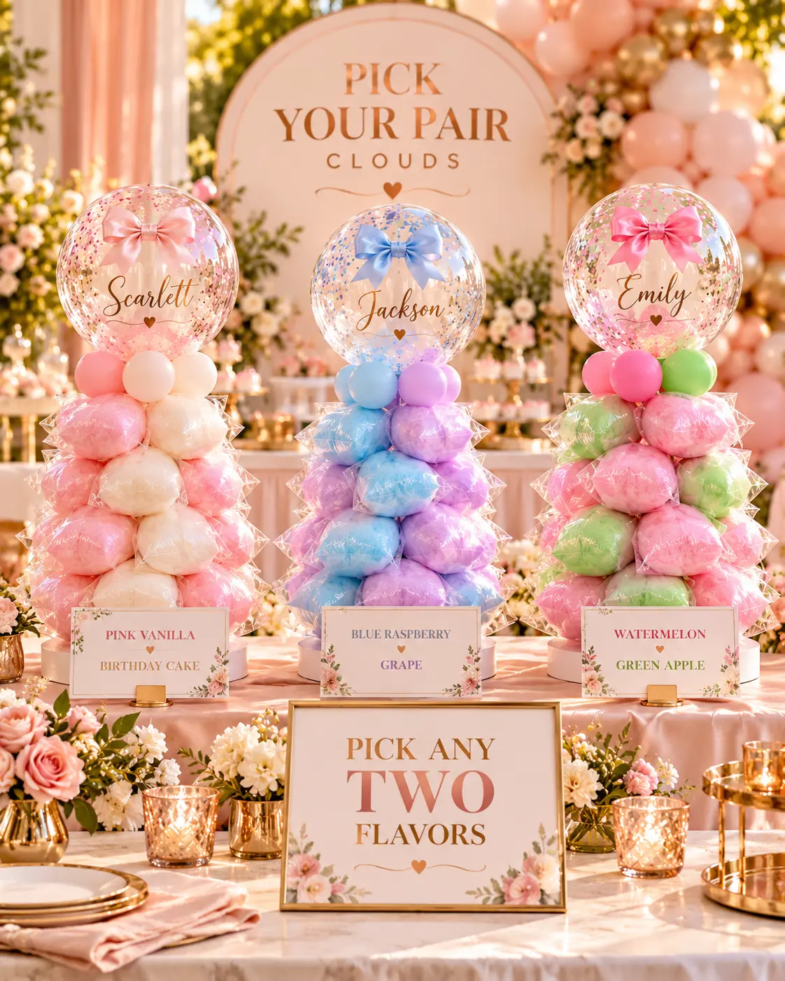 Three named cloud towers with pick any two flavors signs
