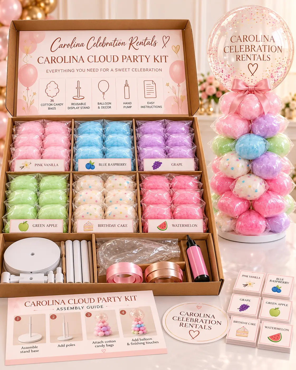 Carolina Cloud party kit with sealed cotton candy bags and stand