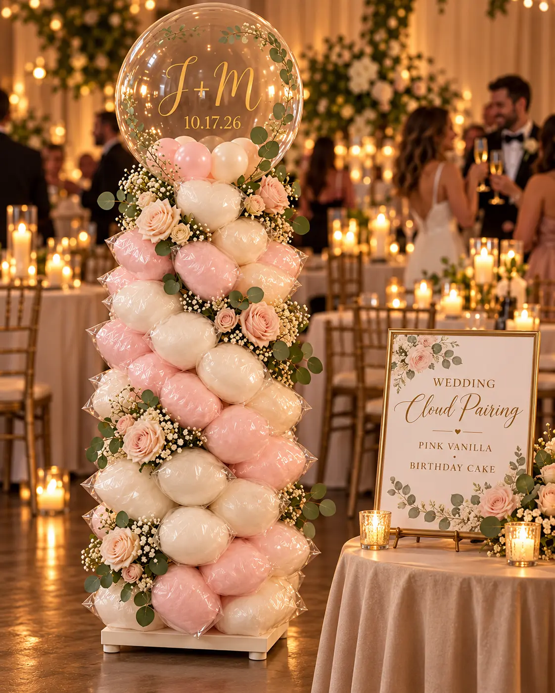 Wedding cloud tower with J and M monogram and a cloud pairing sign