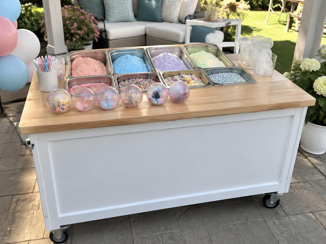 Styled example of a white party cart with pans of pastel dough, toppings and finished squishy balls