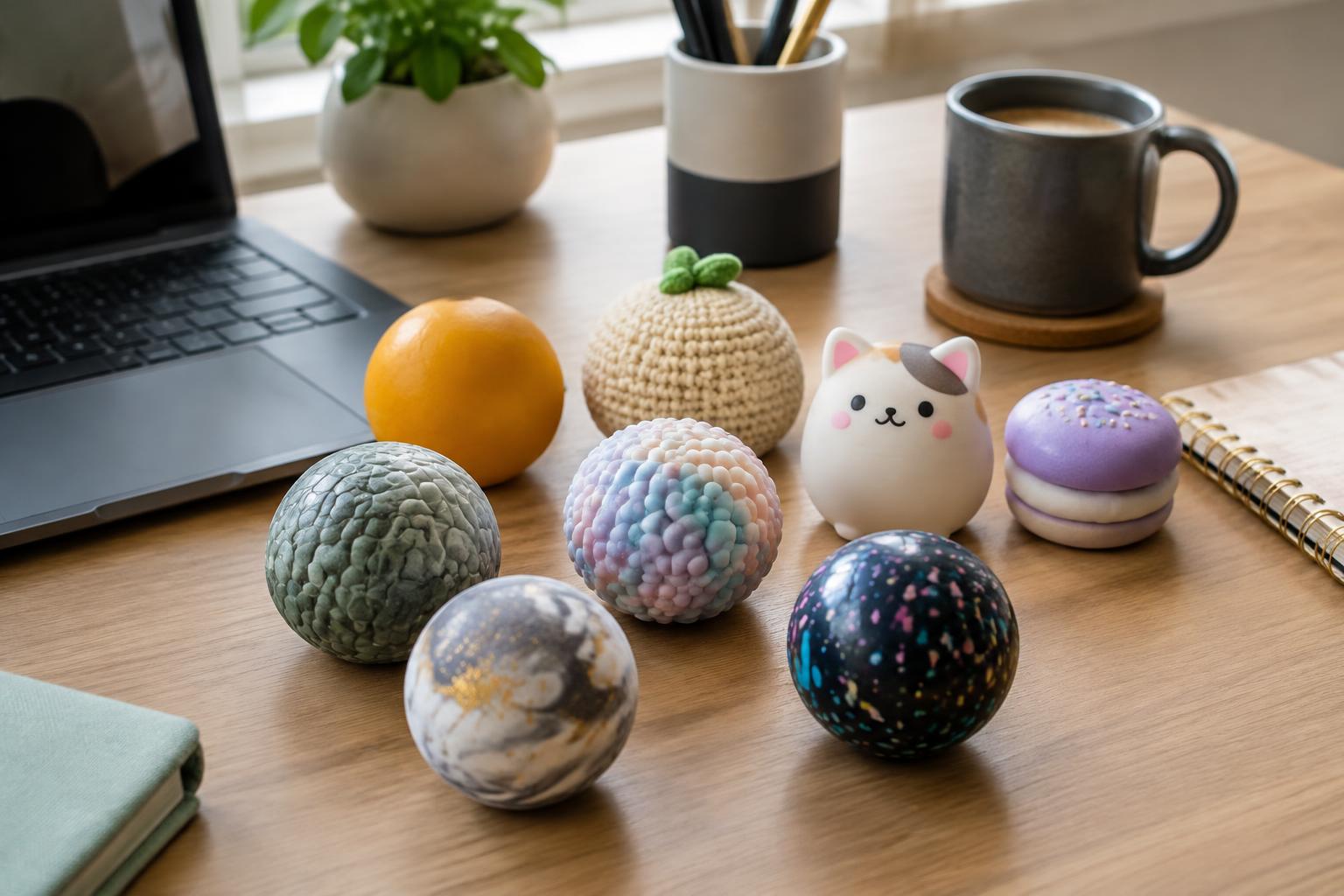 Styled example of finished squishy keepsakes arranged on an office desk