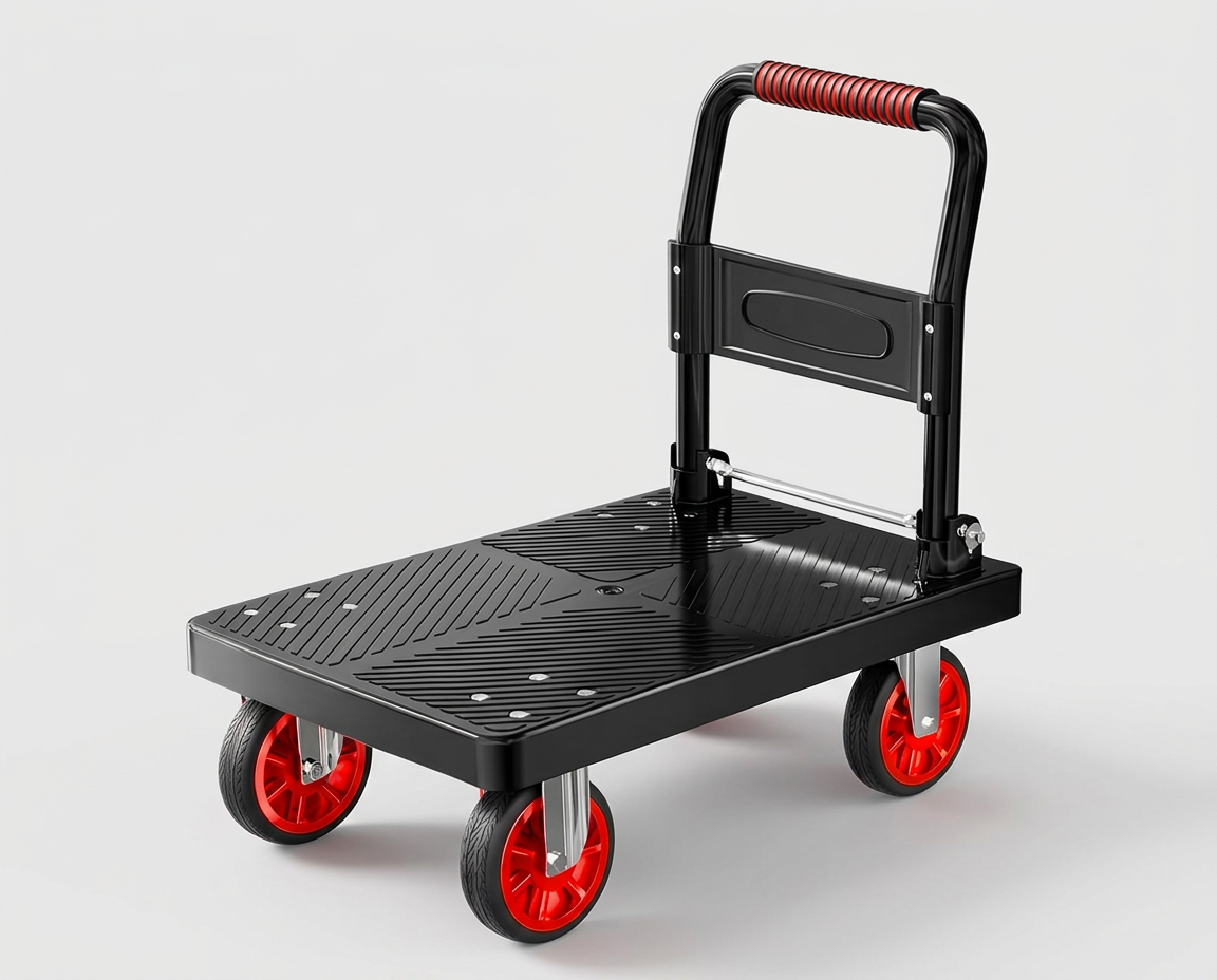 Black folding platform cart with red wheels available with a moving tote order