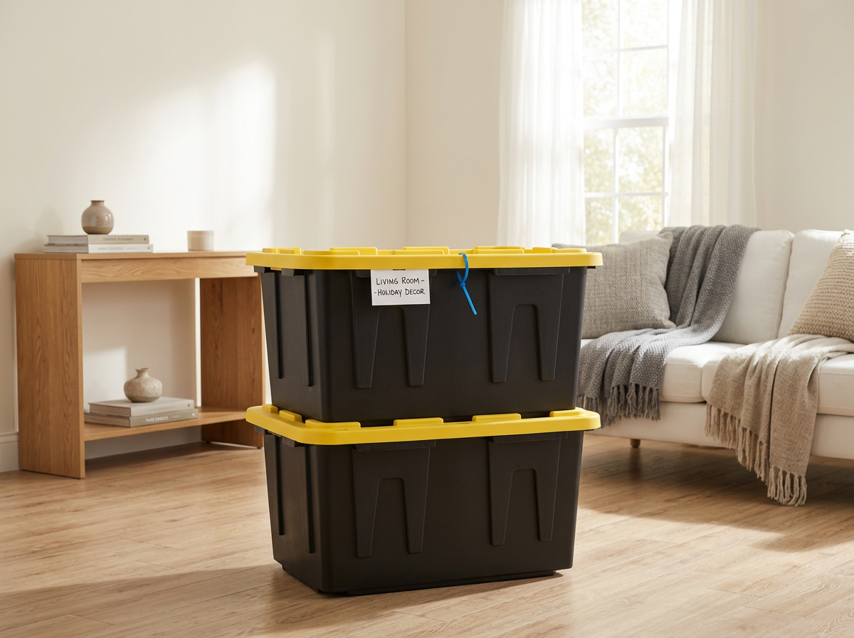 Two labeled black moving totes with yellow lids stacked in a bright living room
