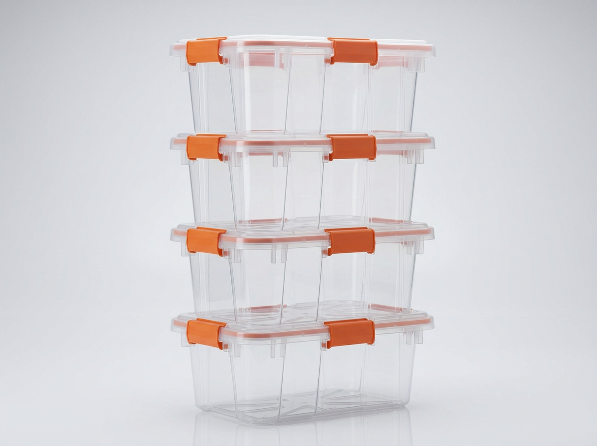 A stack of clear HDX Defender 6.5-quart weatherproof latching totes with orange latches