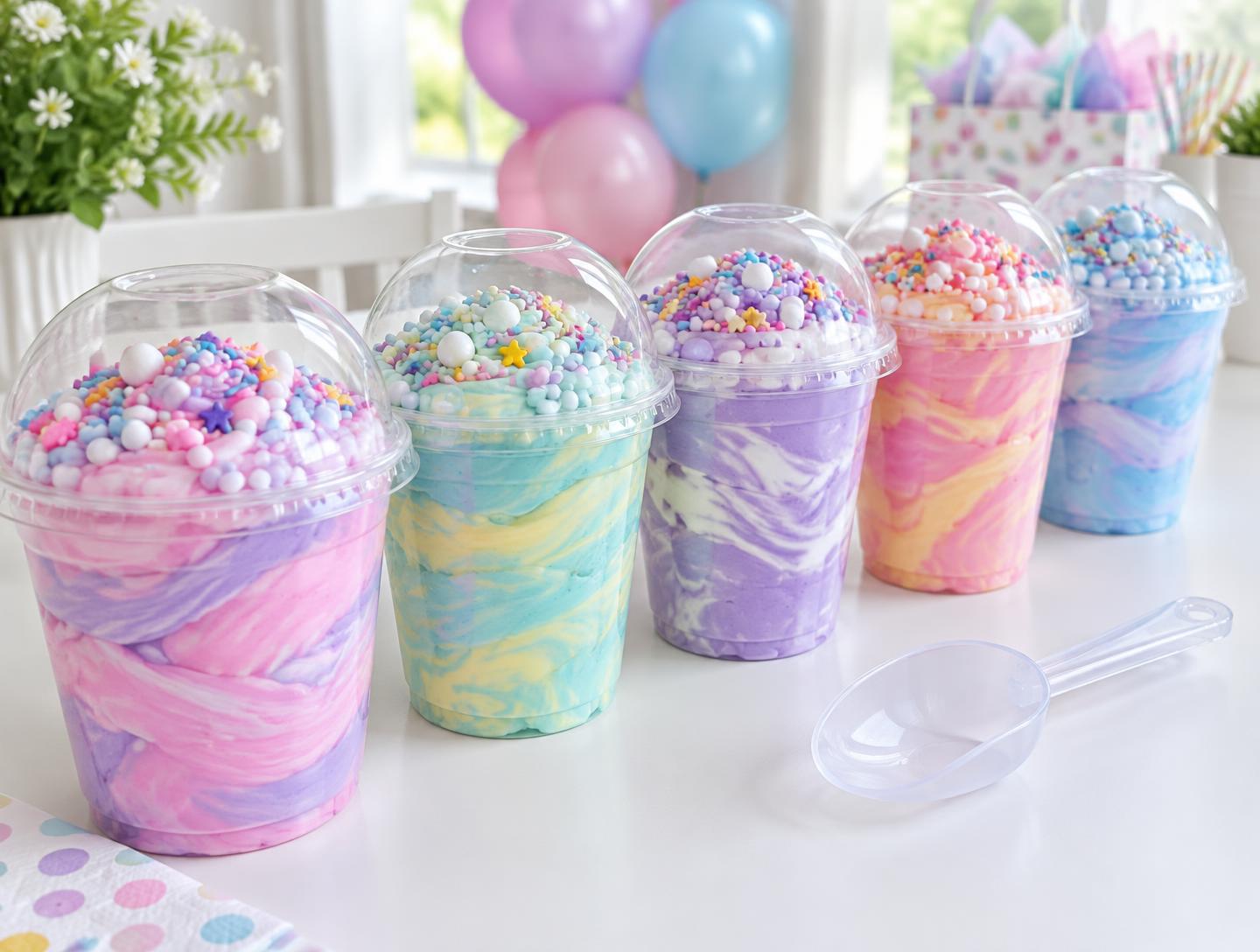 Styled example of lidded pints of swirled pastel slime topped with sprinkles