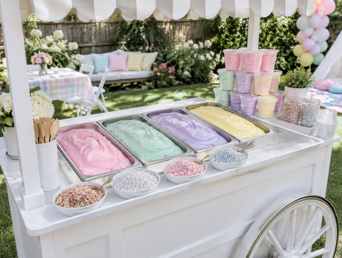 Styled example of a white parlor cart with pans of pastel slime and bowls of mix ins at a backyard party