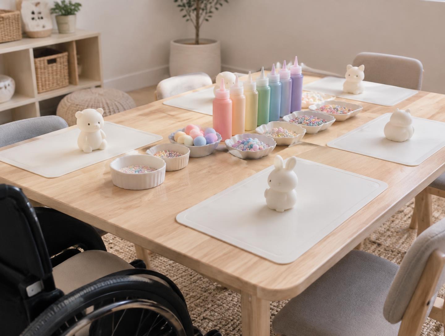 Styled example of a calm sensory friendly station: a low table with easy grip bottles and one squishy per seat, wheelchair accessible