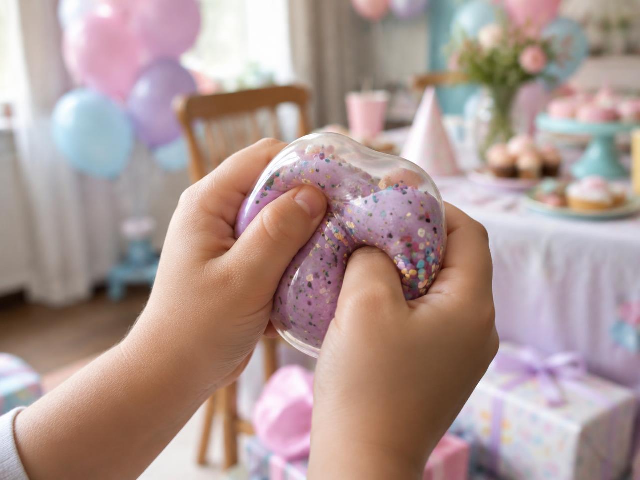 Styled example of a child squeezing a clear lavender squishy ball at a party