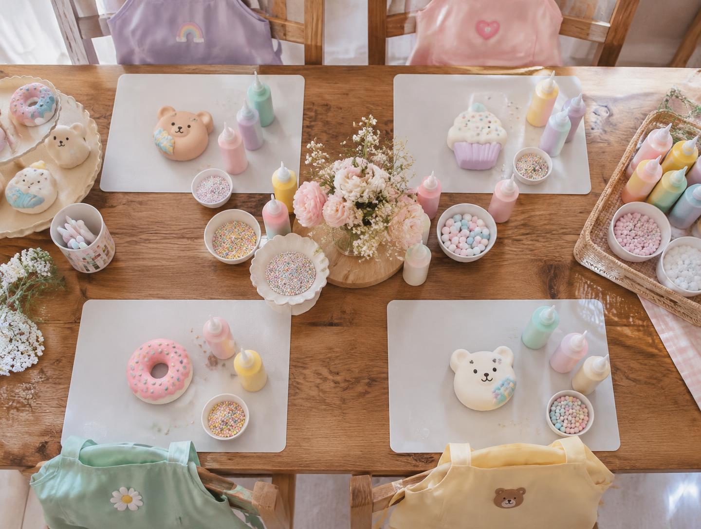 Styled example of the party table with a mat, apron, paint bottles and a squishy at every seat
